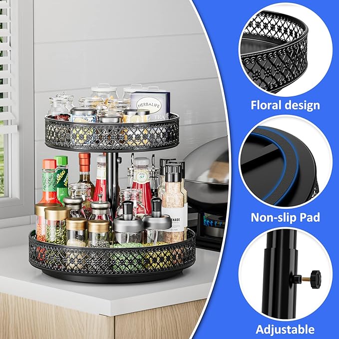 2 Tier Lazy Susan Organizer - Adjustable Rotating Spice Rack 12 inch | Floral Turntable Lazy Susan for Cabinet Pantry Kitchen Countertop Table Top Cupboard Bathroom Vanity Storage Metal Black