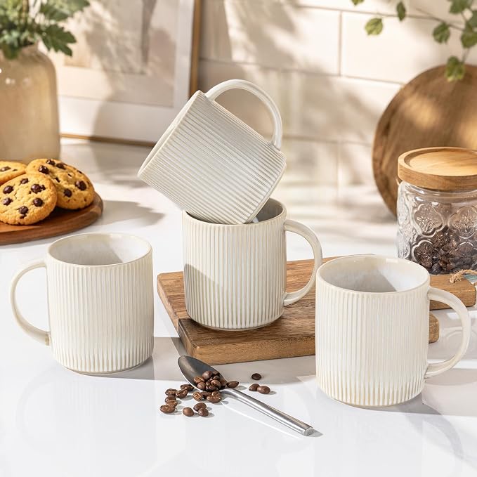 theterra Ceramic Coffee Mugs Set of 6, 14.2 oz Coffee Cups with Handle | Handmade, Suitable for Latte, Tea, Milk, Beer & Hot Cocoa, Reactive White