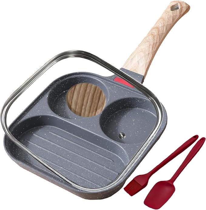 Egg Pan with Lid 3 Cup Nonstick Egg Frying Pan Omelette Skillet | Aluminum Omelet Pan with Glass Lid and Spatula, and Silicone Brush. Works for Breakfast Eggs, Bacon, and Mini Pancakes.
