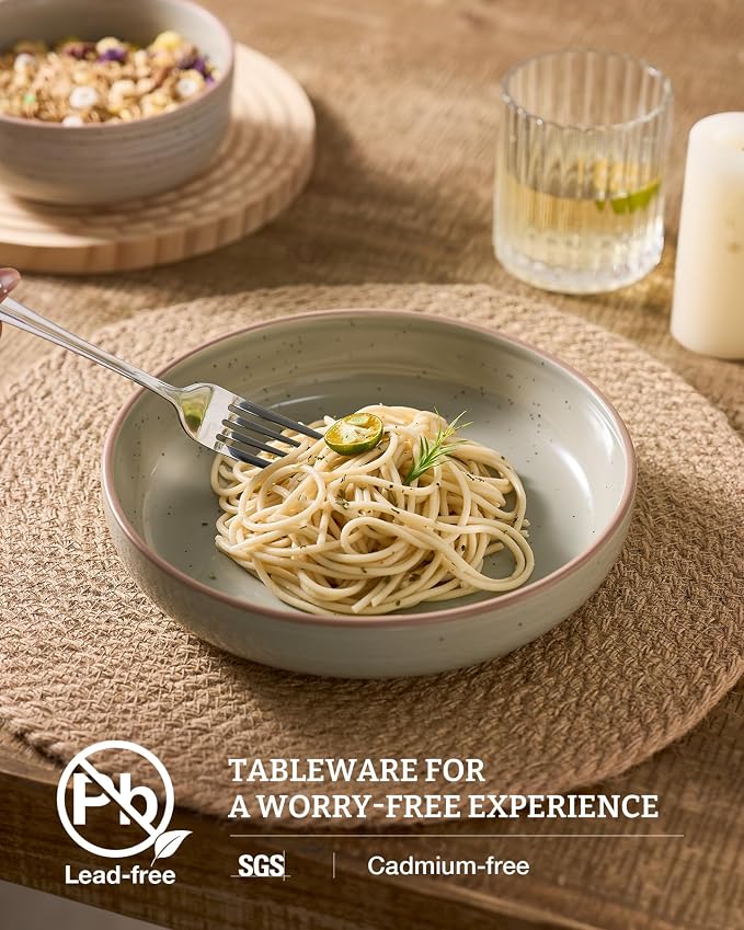 famiware Milkyway 33 oz Pasta Bowls Set of 8, Matcha Green | Double Reactive Glaze, Scratch-Resistant Stoneware Salad Bowls, Stackable, Dishwasher & Microwave Safe, Lead-Free