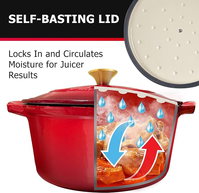 Mueller 6QT Enameled Cast Iron Dutch Oven with Lid, Heavy-Duty | Casserole & Braiser Pan, Sourdough Bread Baking, PFOA-Free, Oven Safe to 500°F, All Cooktops incl. Induction, Red