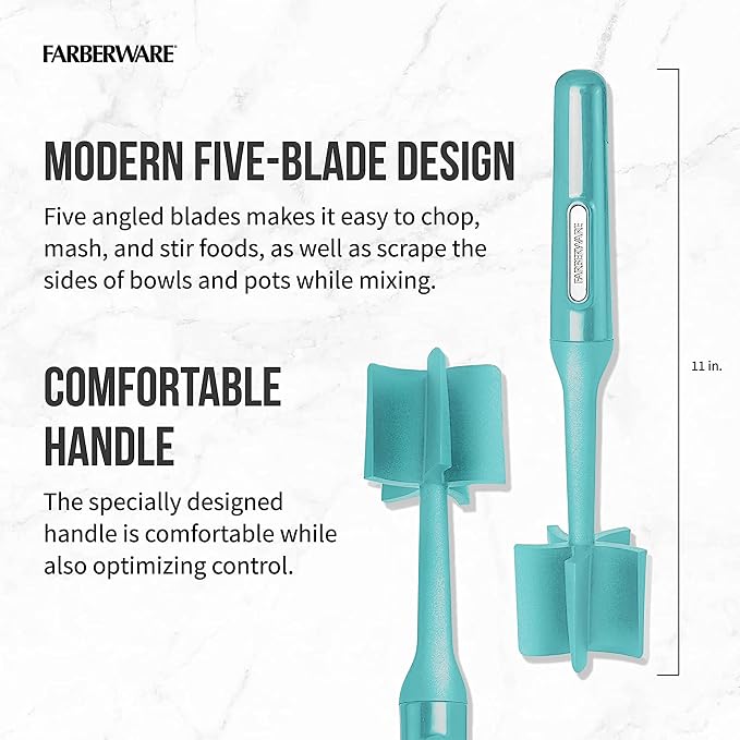 Farberware Heat Resistant Nylon Meat and Potato Masher, Safe for Non-Stick Cookware, Aqua Sky