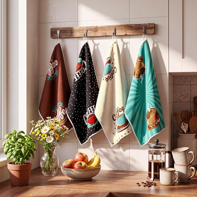 4 Pcs Coffe Kitchen Towels, Retro Coffee Cup Hand Tea Towels Gift | Fast Drying Dishcloth Housewarming Gift for Cooking Kitchen Bathroom Home Party Coffee Bar Decor