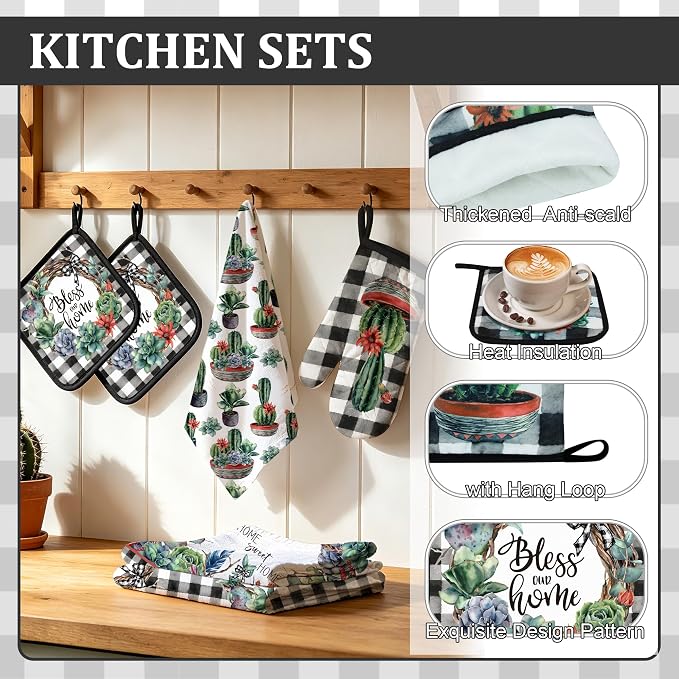 8 Pcs Kitchen Towels Pot Holders and Oven Mitt Set Kitchen Accessories 4 Dish Towels 2 Absorbent Square Potholders 2 Heat Resistant Glove for Cooking Baking Home (Green(Southwest Cactus)