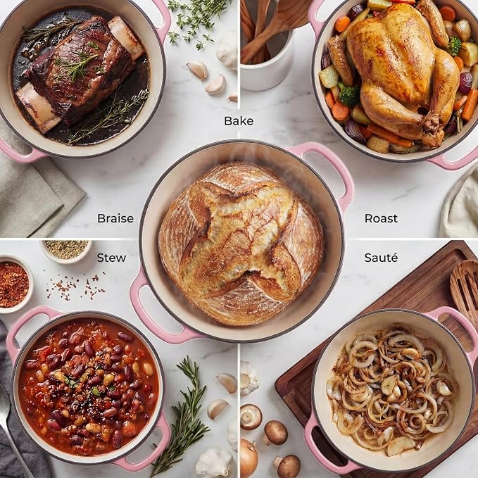 Zulay Kitchen 5 Quart Enameled Cast Iron Dutch Oven Pot with Lid – Premium Durability & Oven Safe up to 500°F – Heavy Duty Cookware Perfect for Bread Baking, Stews, Braising & Roasting – Pink
