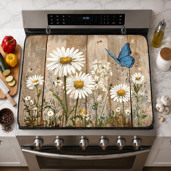 Electric Stove Top Cover for Glass Top, Daisy Butterfly Floral – Heat Resistant Flat Stove Top Covers, Decorative Scratch Protector Mat for Glass Ceramic Cooktop, Non-Slip, 28"x20"