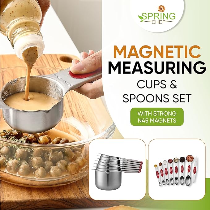 Spring Chef Magnetic Measuring Cups & Spoons Set of 15, Patented, Red | Stackable Stainless Steel Measuring Cups & Heavy Duty Metal Measuring Spoons with Levelers for Dry & Liquid Ingredients