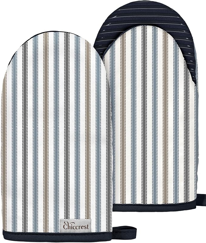 100% Thick Cotton Mini Oven Mitts Silicone Grip Colorful Stripe | Elegant Classic Oven Mitts for Women, Machine Washable, Non-Slip, Reversible Design Fits Both Hands, Stylish Kitchen Decor