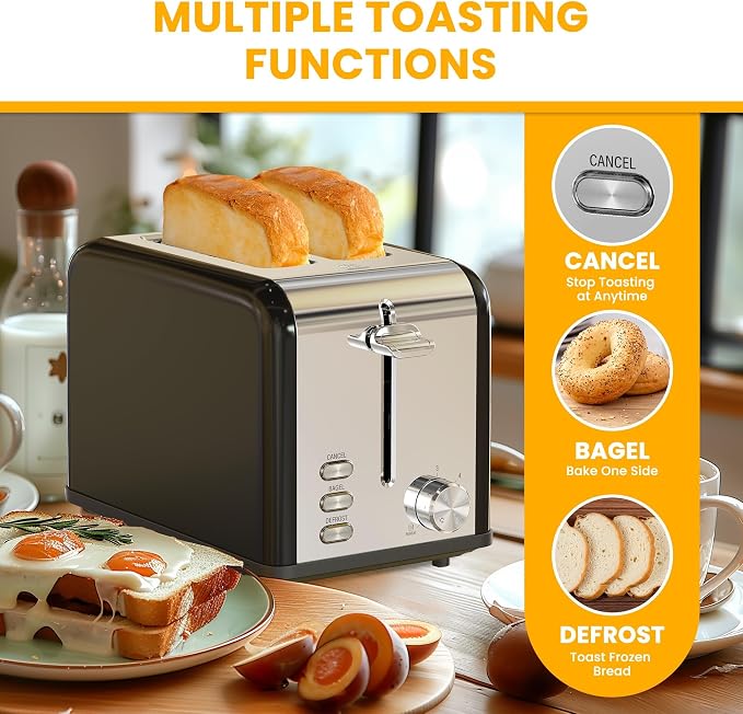 Simple Deluxe 2-Slice Toaster, Stainless Steel Toaster, 6 Browning Setting and 3 Function, Extra Wide Slot & Removable Crumb Tray, for Bread & Waffle, Black