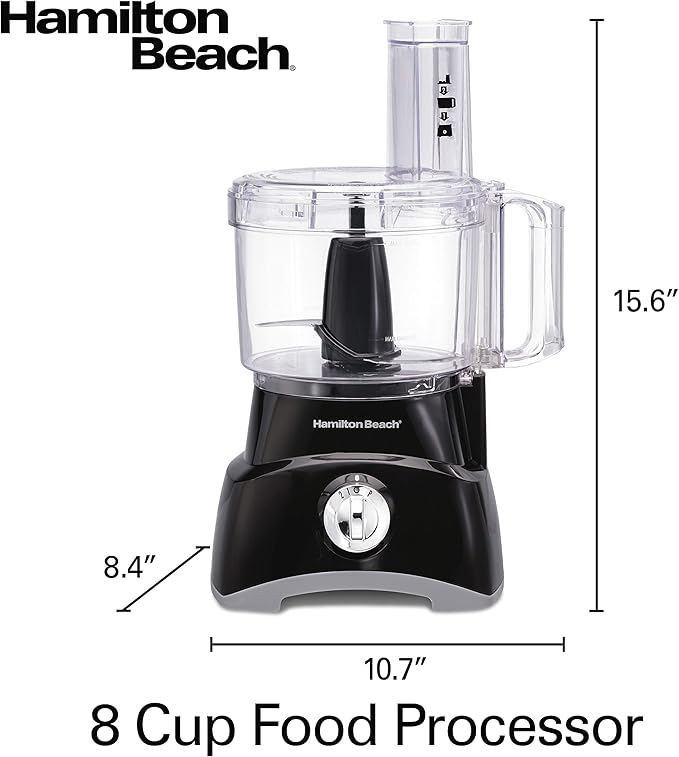 Hamilton Beach 8 Cup Food Processor & Vegetable Chopper | Large Feed Chute | Powerful 450 Watt Motor | Stainless Steel S-Blade and Reversible Shredding Disc | Black | 70740G