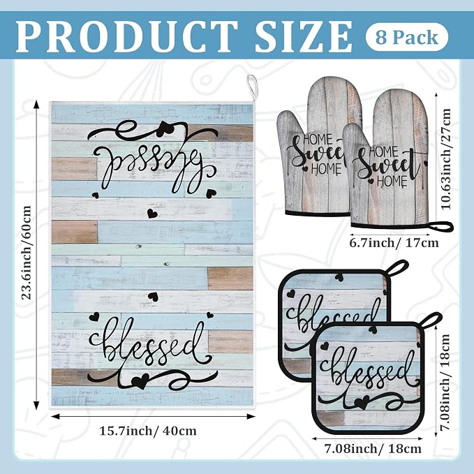 8 Pcs Kitchen Decor Accessories Set Farmhouse Towels Pot Holders Oven Mitts Set 4 Dish Towels 2 Potholders 2 Cooking Mittens Oven Glove for Mother’s Day Baking Cooking(Brown Green,Kitchen)