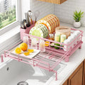 SAYZH Expandable Dish Drying Rack for Kitchen Counter, Metal, Pink | Foldable Over Sink, Large Capacity, Rust-Resistant, Adjustable for Most Sinks, Automatic Drainage, Removable Utensil Holder