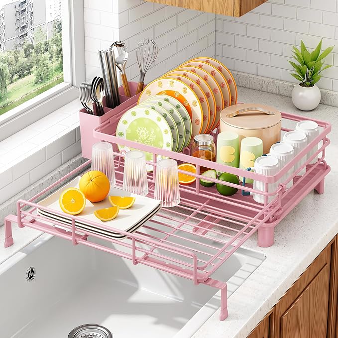 SAYZH Expandable Dish Drying Rack for Kitchen Counter, Metal, Pink | Foldable Over Sink, Large Capacity, Rust-Resistant, Adjustable for Most Sinks, Automatic Drainage, Removable Utensil Holder