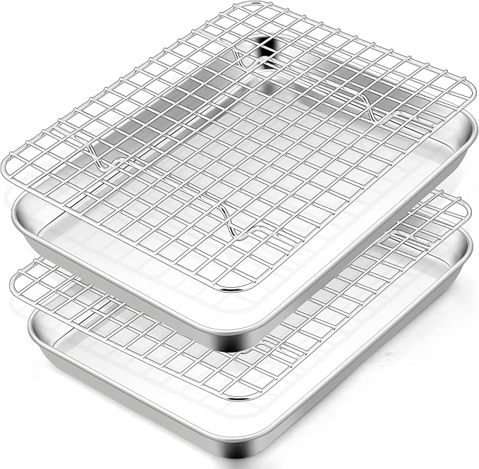TeamFar Cookie Sheets with Cooling Racks, 2 Pans + 2 Racks,9x7x1 Inch | Stainless Steel Mini Toast Oven Tray Pan with Grid Rack for Baking Roasting Cooling, Non-Toxic & Heavy-Duty, Dishwasher Safe