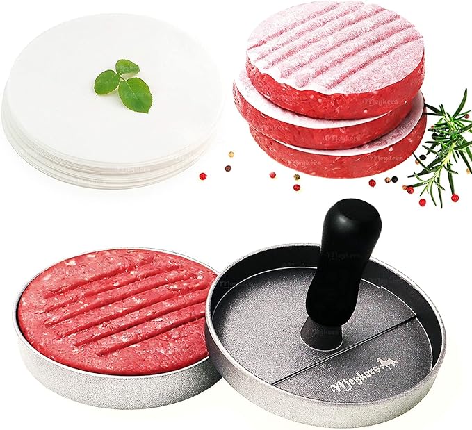 Meykers Hamburger Press Patty Maker 150 Paper, 4.5” Burger Mold Meat Shaper | Non-Stick, BPA Free, Dishwasher Safe, Juice-Locking Grooves, Wax Paper, Beef Cheese Burger for Kitchen Grill Griddle BBQ