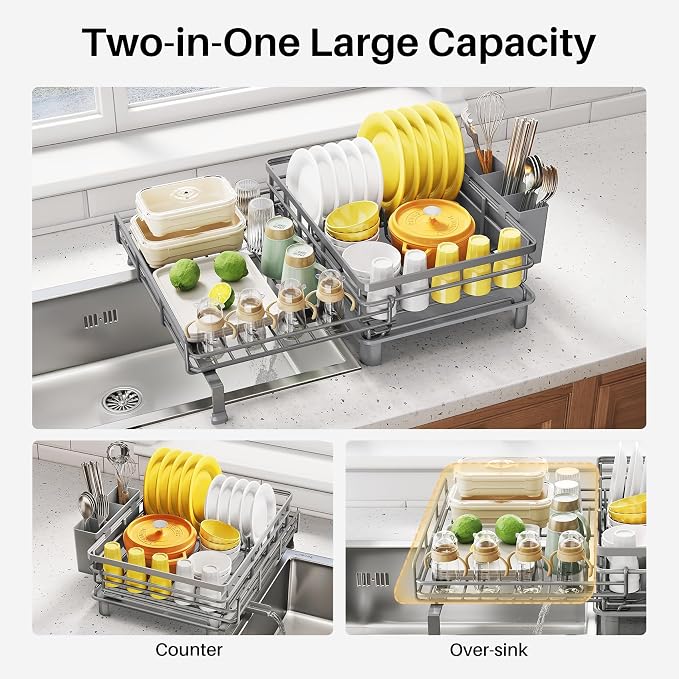 SNTD Expandable Dish Drying Rack for Kitchen Counter, Stainless Steel, Grey | Foldable Over Sink, Large Capacity, Adjust to Fit Most Sinks, Angled Drainboard, Removable Utensil Holder, Slip Resistant