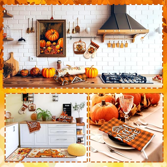Fanfanwin 10 Pcs Fall Thanksgiving Turkey Kitchen Decor Set Kitchen Towels Pot Holders Oven Mitts and Rugs Set Thanksgiving Towels for Baking Cooking BBQ Autumn Home