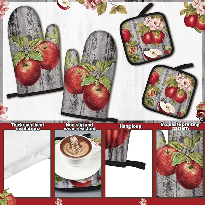 Fourluoo 10 Pcs Apple Kitchen Decor Set Apple Kitchen Rugs and Towels Oven Mitts and Pot Holders Sets for for Cooking Baking Mom Housewarming Gifts