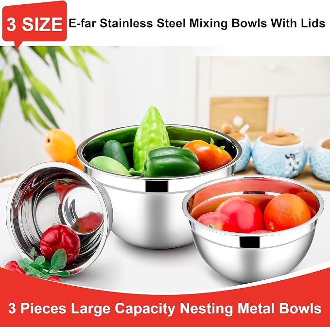 E-far Mixing Bowls with Lids Set, 6-Piece Stainless Steel Salad Bowls | Metal Nesting Cooking Bowls with Airtight Lid for Kitchen Storage, Baking & Prepping, Dishwasher Safe, 1.5/3/4.5 QT, Red