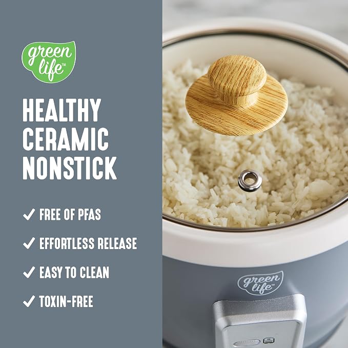 GreenLife Rice Cooker, 3-Cups Uncooked/6-Cups Cooked, Gray | PFAS-Free Ceramic Nonstick Removable Pot, One-Switch Design, Grains Multicooker, Keep Warm, Dishwasher Safe Parts, Easy Clean