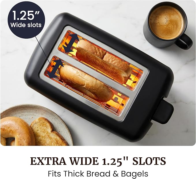 Elite Gourmet 2-Slice Cool-Touch Toaster, Extra-Wide 1.25" Slots, Black | 6 Browning Levels, Fits Bagels & Thick Bread, Cancel Function, Compact & ETL Certified