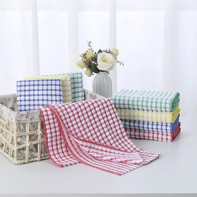 Cotton Kitchen Towels 8 Pack, 15x26 Checkered Dish Towels | Highly absorbent terry cloth towels for drying dishes, wiping spills, and kitchen cleaning. Machine washable and quick dry