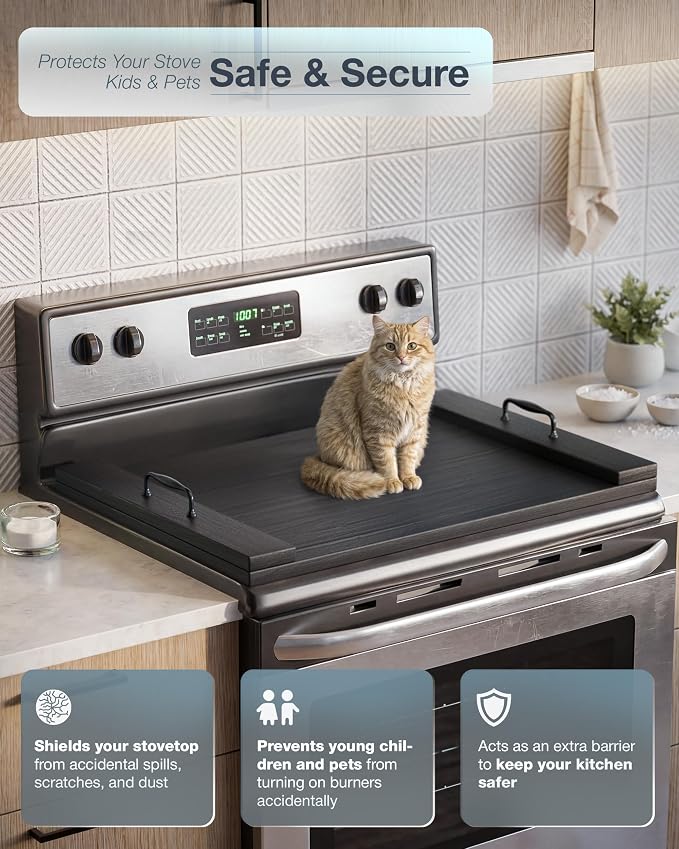 Bluewest Gas Stove Burner Covers, Wooden Noodle Board with Handle, Black | Extra-thick wooden RV stovetop and sink cover doubles as a tray, creating extra kitchen counter space for prep and serving.