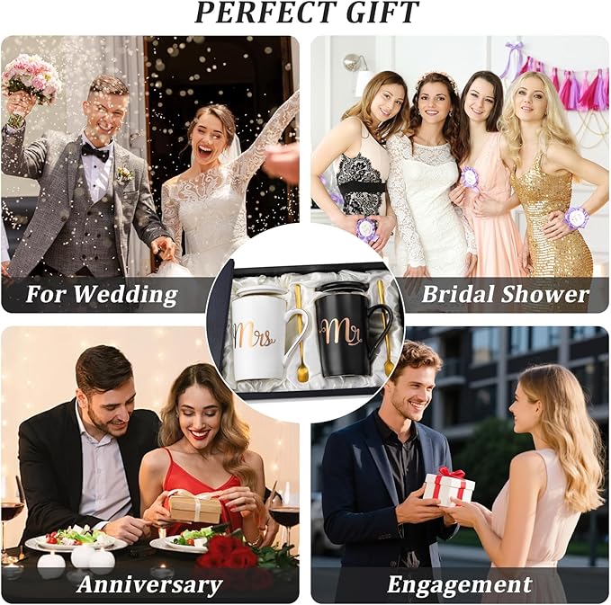 Mr and Mrs Mugs Set Printed with Gold, Wedding Engagement Gifts for Couples