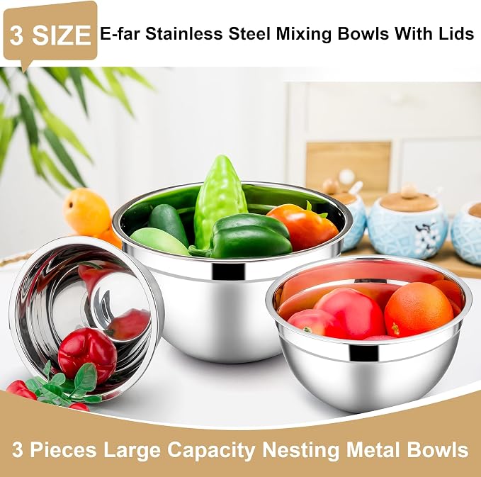 E-far Mixing Bowls with Lids Set, 6-Piece Stainless Steel Salad Bowls | Metal Nesting Cooking Bowls with Airtight Lid for Kitchen Storage, Baking & Prepping, Dishwasher Safe, 1.5/3/4.5 QT, Khaki
