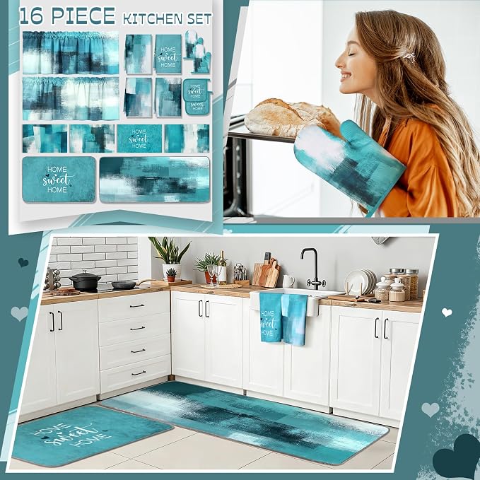 16 Pcs Turquoise Kitchen Decor and Accessories Set 4 Teal Abstract Area Kitchen Towels 2 Non Slip Rugs and Mats 2 Modern Grey Oven Mitts 2 Pot Holders 4 Placemats 2 Curtains for Home Decoration Gift