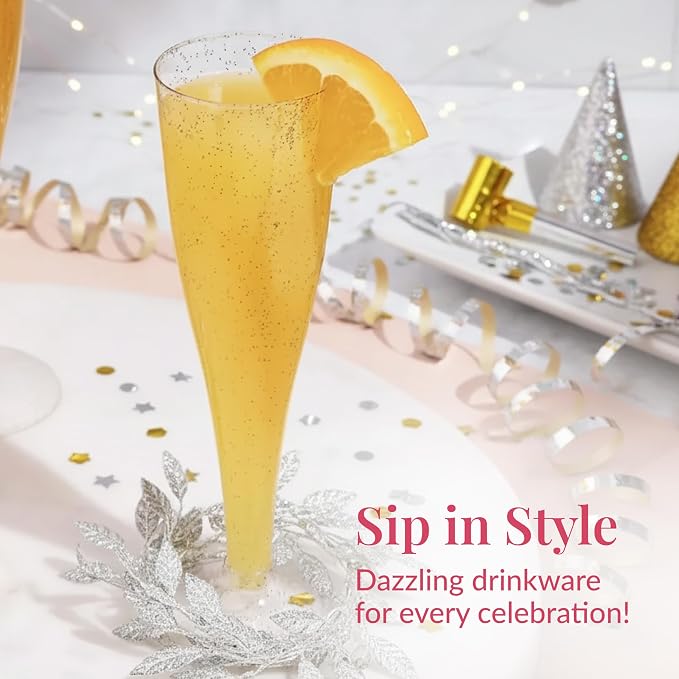 Prestee 24 Plastic Champagne Flutes - Gold Champagne Flutes Plastic - Gold Disposable Mimosa Flute - Party Supplies - Disposable Cocktail Glasses - Mimosa Bar, Wedding, Shower Party