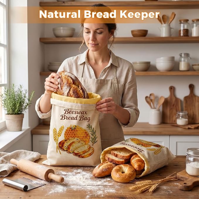 Beeswax Bread Bags for Homemade Bread - 2 Pack- Extra Large 17"×13" Reusable Sourdough Bread Bags for Storage with Zipper Closure, Keep Bread Fresh Naturally, Freezer Safe