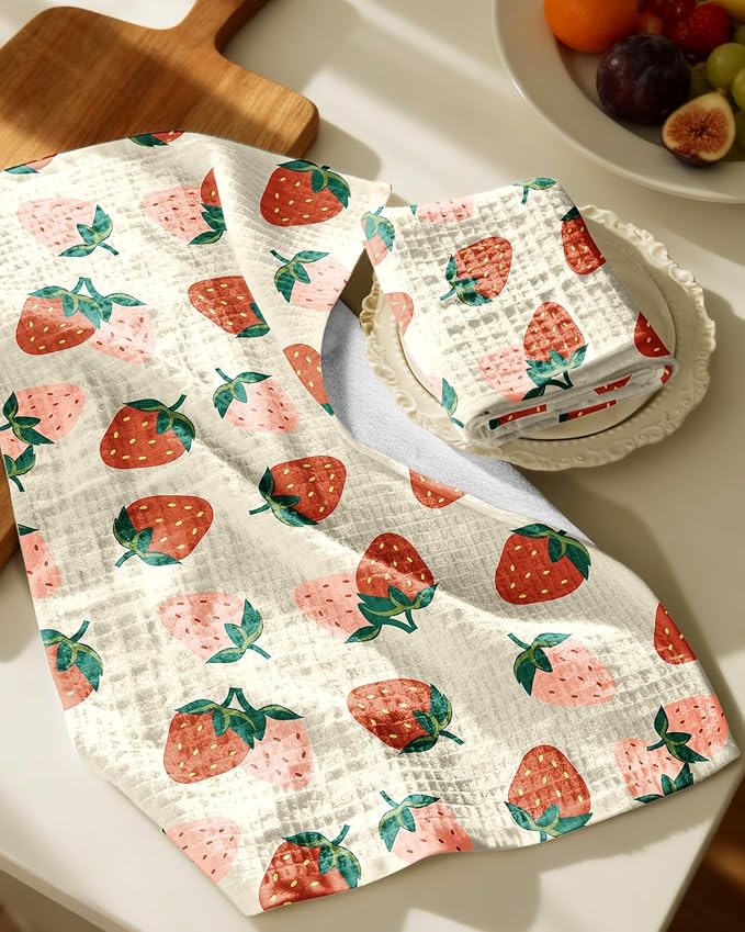 370GSM Cotton Waffle Kitchen Towels, Strawberry | Pure Cotton, Sustainable, Waffle Weave, Terry Cloth, Highly Absorbent, Decorative, 16"x25", with Hanging Loop