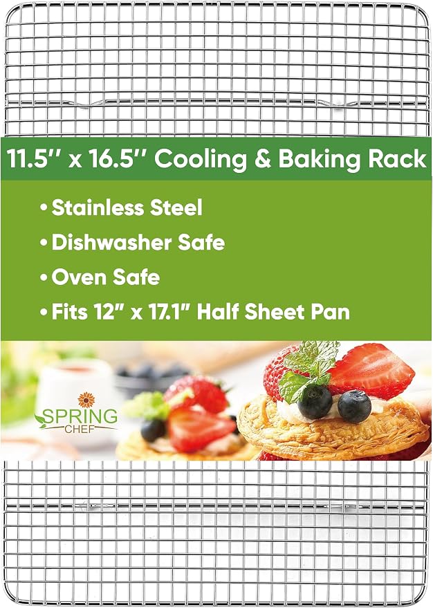 Spring Chef 11.5" x 16.5" Stainless Steel Cooling Rack for Cooking & Baking | Heavy Duty Bread Cooling Rack for Kitchen, Oven Safe Baking Rack, Fits Half Sheet Roasting Pan, Dishwasher Safe