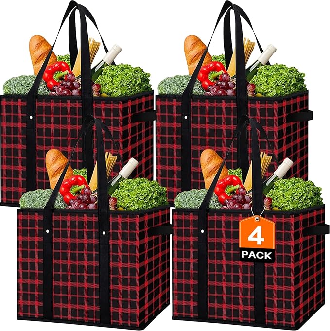 Reusable Grocery Bags 4 Pack, Foldable & Water Resistant Shopping Bags | Large Grocery Tote Bag Water Resistant Shopping Bags Foldable Grocery Bag for Clothes,Shoes and Picnic