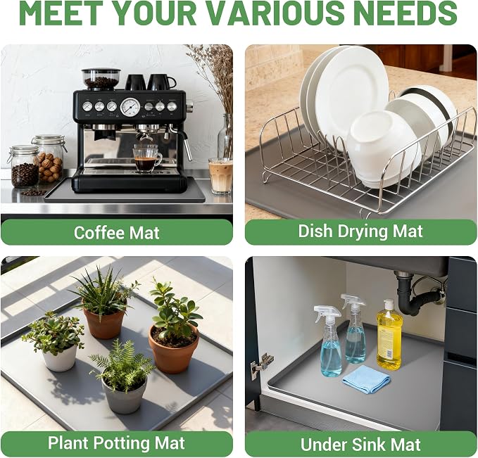 16-inch Coffee Mat - Heat Resistant Silicone for Coffee Bar & Kitchen Counter - Bar Mat for Countertops - Decor Under Espresso Machine & Makers (Grey)