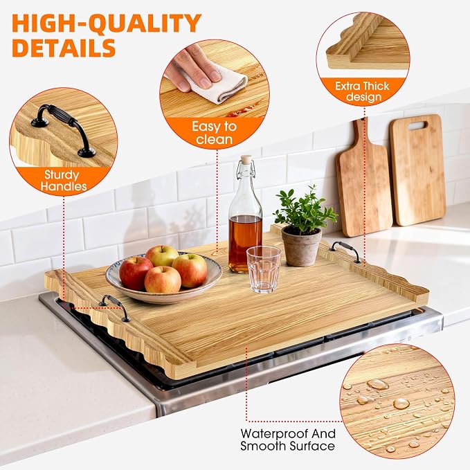 Latest wave-patterned wooden stove top cover, stylish pine panel stove top cover,suitable for gas stoves with 4 and 5 burners, food tray, kitchen stove tray. (Light wood color)