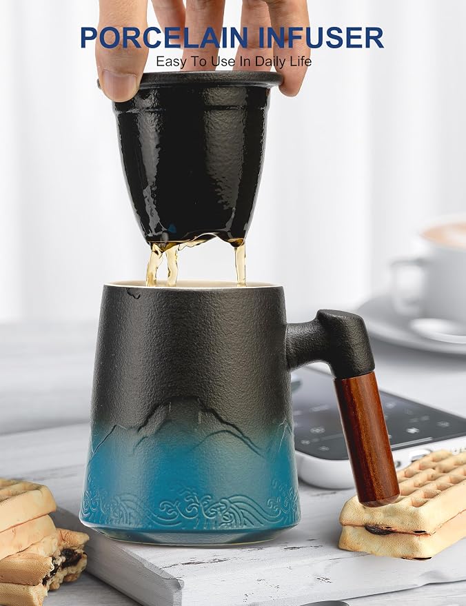 suyika Tea Cup with Infuser and Lid, Gradient Black & Blue, 15.2oz /450ml | Ceramic Mug, Wood Handle, For Loose Leaf Tea