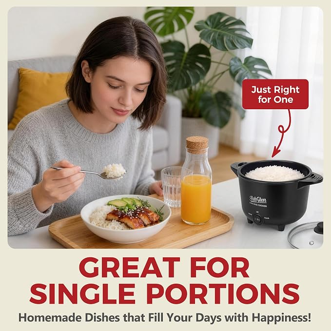 AshGlen Small Rice Cooker 2-Cup uncooked/ 4-Cup Cooked, Mini Hot Pot Electric, Mini Electric Pot, Ceramic Rice Cooker, Small Rice Steamer, Noodle & Oatmeal Cooker, Dual Modes, Single Serve, Graphite