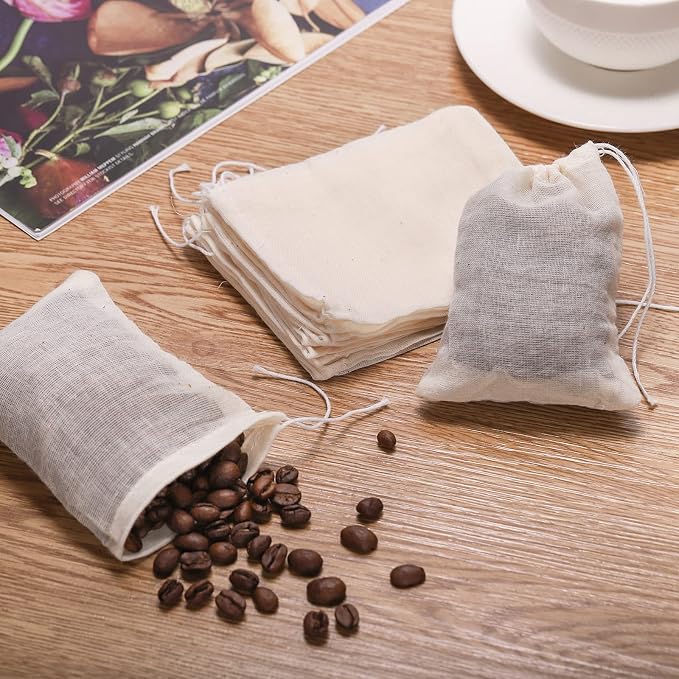 100 Pack Muslin Drawstring Bags, 3x4 Inch Reusable Natural Unbleached Cotton Straining Bags for Herbs, Coffee, Tea, Soup, Spices, Produce Bag Bulk Gift Bag Jewelry Pouch for Party Wedding Home