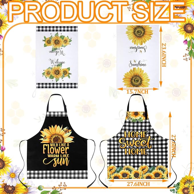 13 Pcs Sunflower Kitchen Set Sunshine Farmhouse Kitchen Decor Rustic Sunflower Dish Towels Retro Yellow Apron Oven Mitts and Pot Holders with Cute Wooden Tableware Set for Home
