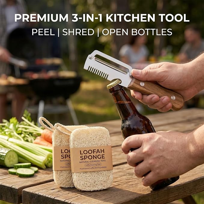 3-in-1 Vegetable Peeler and Julienne Shredder, Combo Pack | Stainless steel 3-in-1 peeler with wood handle, bottle opener and natural loofah sponge for vegetables, scallions and prep.