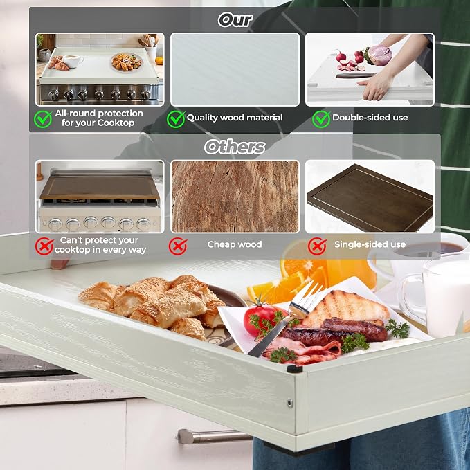 WOLKI Noodle Board Stove Covers for Gas Burners, 30"L x 22"W x 2.5"Th Heavyweight Stove Top Covers for Electric Stove, Buil-in Handles, RV Stove Cover, Sink Cover, Wooden Serving Tray (White)