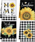4 Pcs Sunflower Kitchen Towels Buffalo Plaid Towels Gifts | Black White Floral Hand Tea Dish Cloth Fast Drying Absorbent Housewarming Gift for Summer Xmas Home Cooking Kitchen Bathroom
