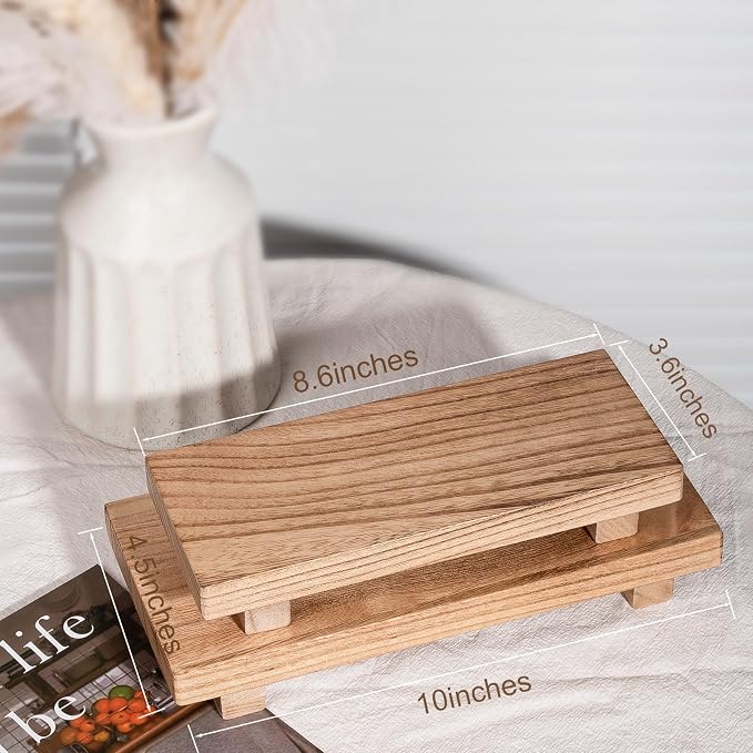 Wood Bathroom Tray Farmhouse Decor Kitchen Soap Holder, 10"x4.5" Brown | Waterproof, Lightweight, Easy Clean, Small Wooden Riser Pedestal Stand Accessories for Office Desk, Vanity, Counter, Sink
