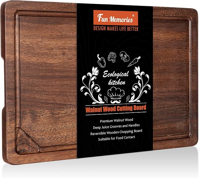 Fun Memories Black Walnut Cutting Board for Kitchen, Reversible Large Butcher Block Board, Large Wood Cutting Board Carving Board with Juice Groove & Concealed Handlers, 15"x10" (Gift Box)