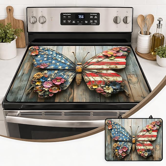 Patriotic Electric Stove Top Cover | Heat Resistant Glass Cooktop Protector for Kitchen Ceramic Countertops, Multiuse Stove Cover and Dish Drying Mat