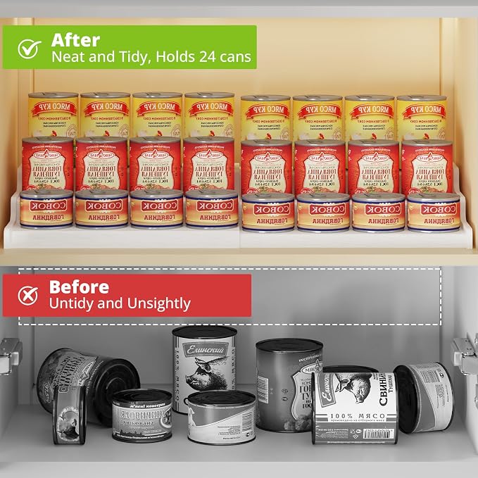 3-Tier Expandable Bamboo Can Organizer for Pantry, Holds 24 Cans, White | Adjustable Can Storage Rack for Kitchen Cabinets, Soda & Canned Goods Holder for Pantry Organization, White (Patent Pending)