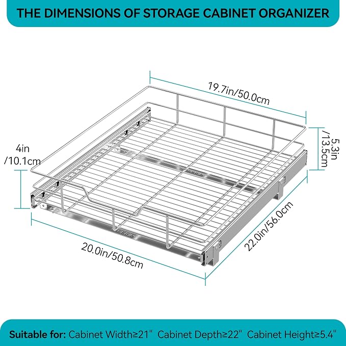 Pull Out Cabinet Organizer 21" W X 22" D, Chromed, Full Slide Out Drawers | For Kitchen Organizers and Storage, Pull Out Drawers For Cabinets Capacity Heavy Duty Caddy, Cabinet Shelves, Bathroom Pantry