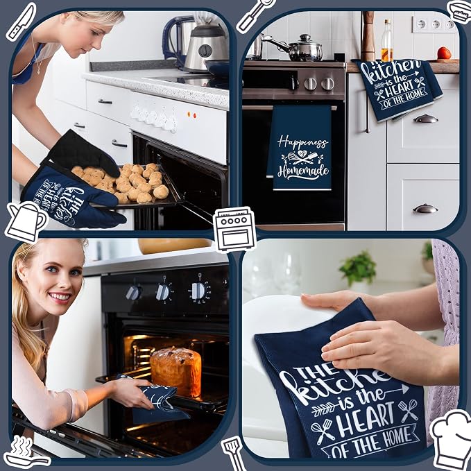Sratte 6 Pcs Kitchen Decor Accessories Set, Kitchen, Blue | Farmhouse Kitchen Towels Pot Holders Oven Mitts Set 2 Dish Towels 2 Potholders 2 Cooking Mittens for Baking Cooking Supply